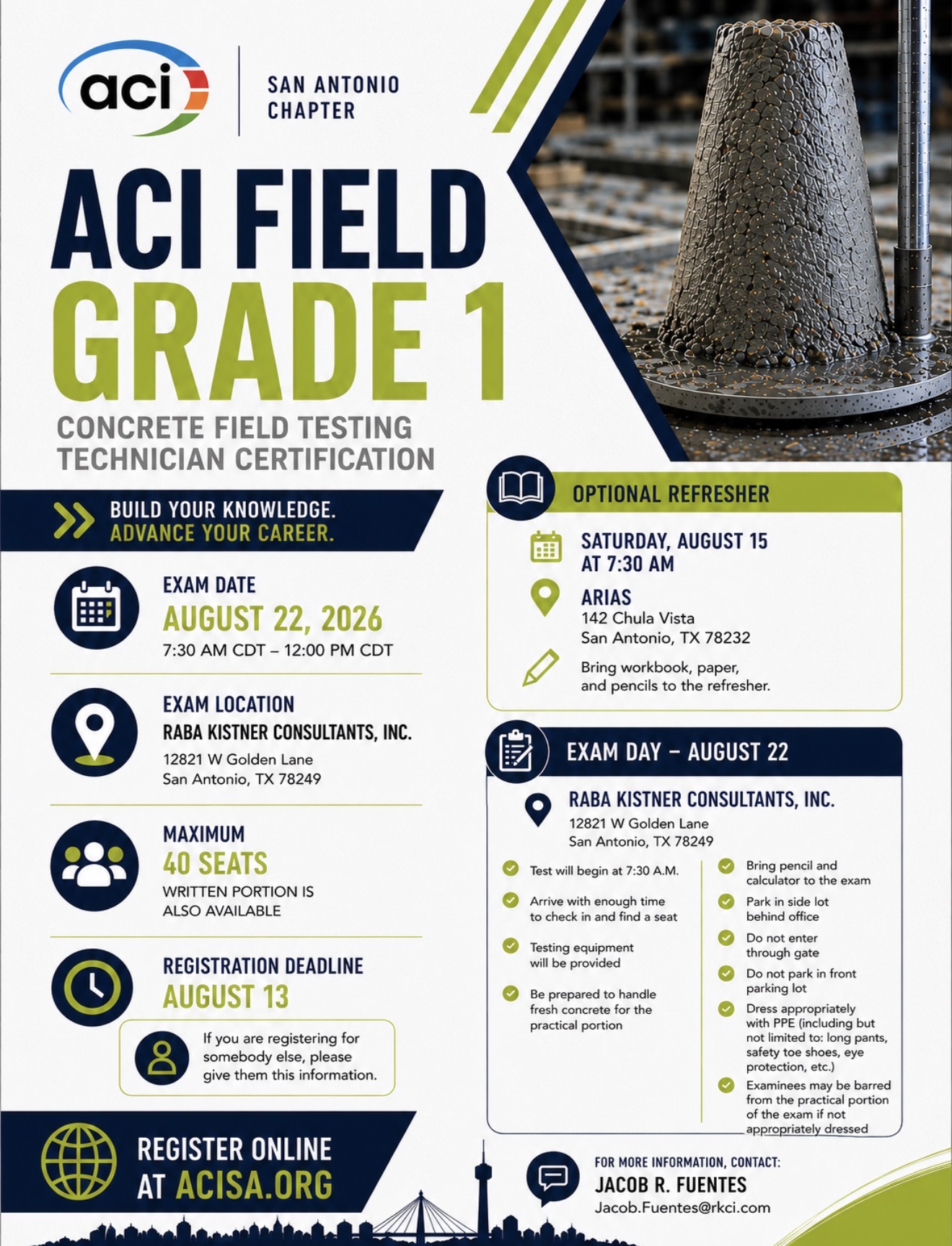 Concrete field testing certification promotion for the American Concrete Institute San Antonio Chapter